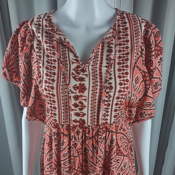 Knox Rose XS Flutter Sleeve Boho Ruffle Dress Orange White NWT Cotton Blend - Picture 3 of 11